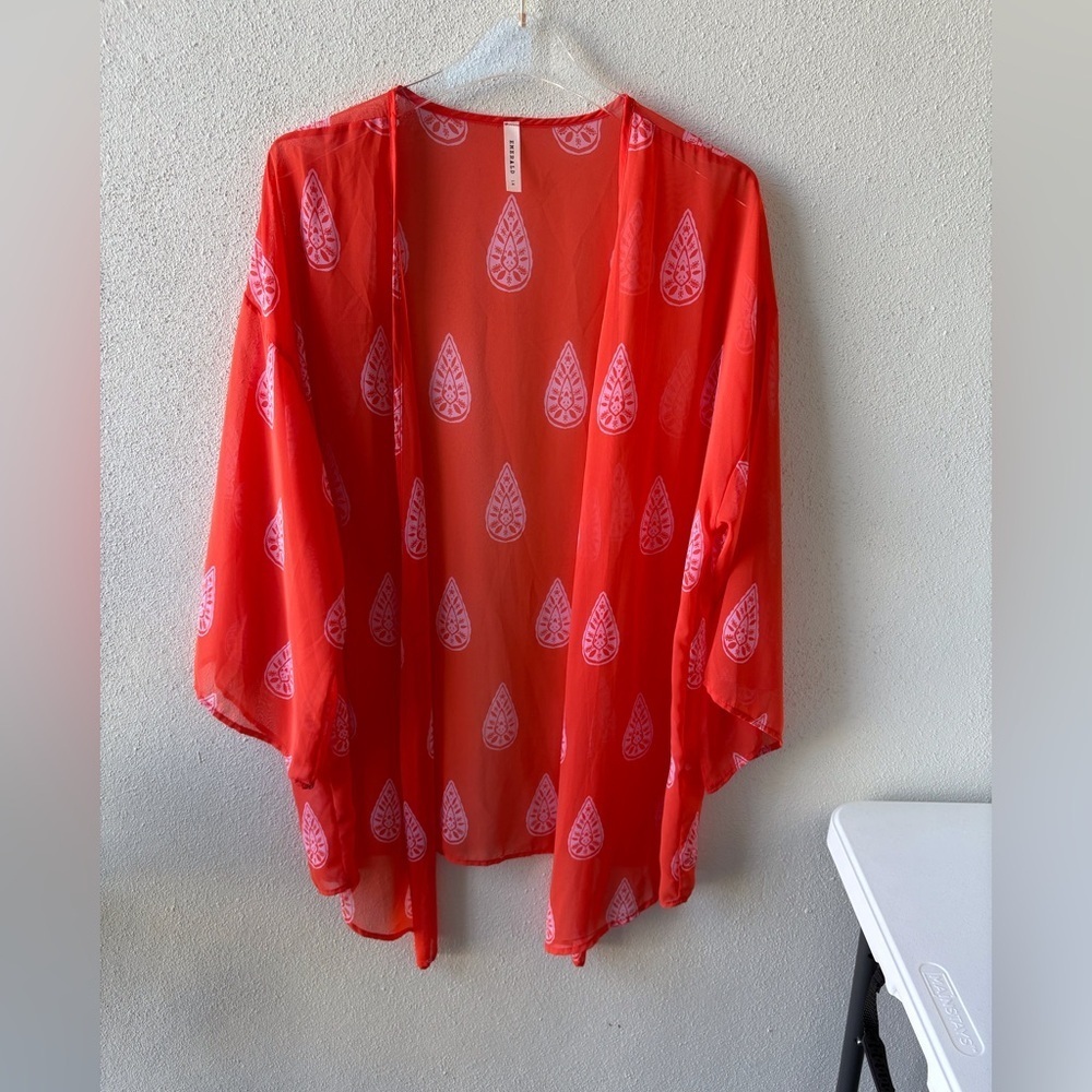 Emerald Red Sheer Paisley-Print Open Kimono